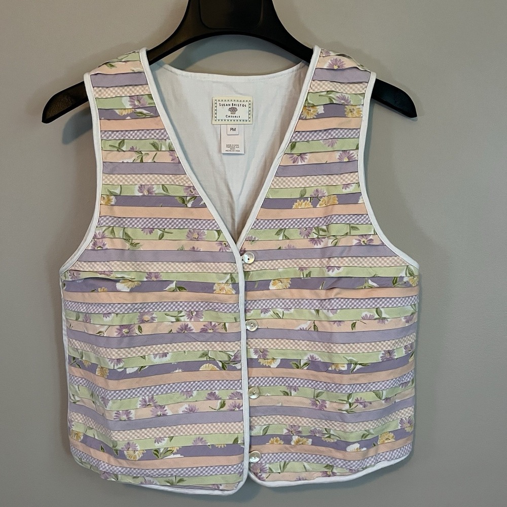 Vtg Susan Bristol Quilted Vest M Floral Pastel Artsy Grannycore Cottagecore
